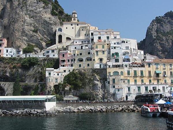 Closer view of some of the homes on the rugged western coast of Italy in the city of Amalfi.
