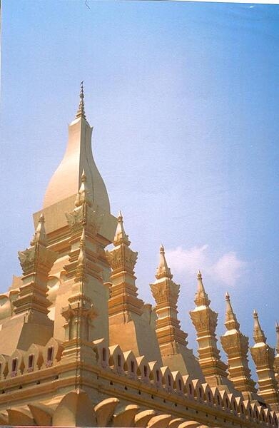 Pha That Luang, the Great Stupa in Vientiane, is considered a national symbol of Laos. It was built in the 16th century on the ruins of a 13th century Khmer temple, which in turn was built on the ruins of a 3rd century Indian temple built by Buddhist missionaries.  The stupa is said to contain a relic of the Buddha.