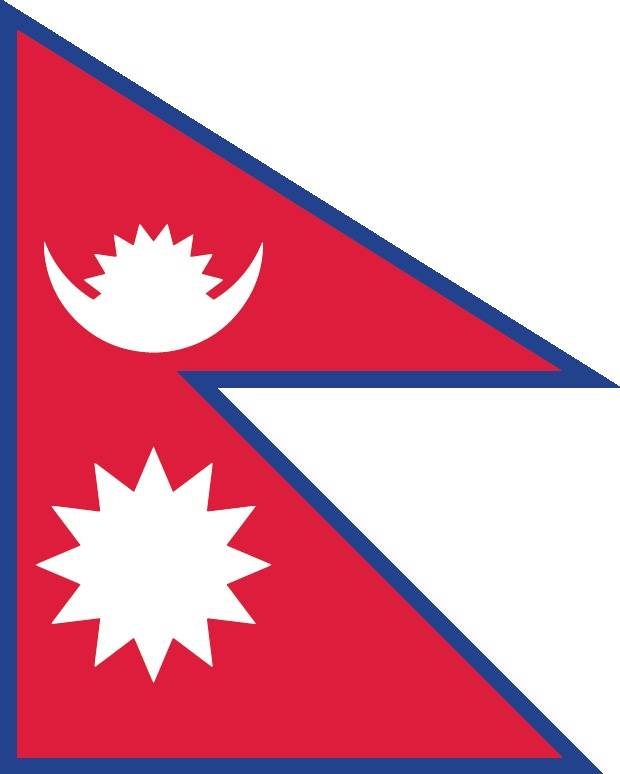 crimson red with a blue border around the unique shape of two overlapping right triangles; the smaller, upper triangle bears a white stylized moon and the larger, lower triangle displays a white 12-pointed sun; the color red represents the rhododendron (Nepal’s national flower) and is a sign of victory and bravery, the blue border signifies peace and harmony; the two right triangles are a combination of two single pennons (pennants) that originally symbolized the Himalaya Mountains while their charges represented the families of the king (upper) and the prime minister, but today they are understood to denote Hinduism and Buddhism, the country’s two main religions; the moon represents the serenity of the Nepalese people and the shade and cool weather in the Himalayas, while the sun depicts the heat and higher temperatures of the lower parts of Nepal; the moon and the sun are also said to express the hope that the nation will endure as long as these heavenly bodies