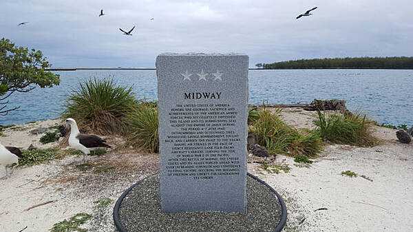 In 2015, the Midway Memorial Marker was erected on the island to commemorate the 1942 Battle of Midway during World War II. Image courtesy USFWS/ Megan Nagel.