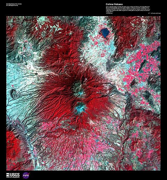 Snow-capped Colima Volcano, the most active volcano in Mexico, rises abruptly from the surrounding landscape in the state of Jalisco in the center of this false-color satellite image. Part of the trans-Mexican volcanic belt, Colima is actually a melding of two volcanoes, the older Nevado de Colima to the north and the younger, historically active Volcan de Colima to the south.  Approximately 300,000 people live within 40 km (25 mi) of the volcano earning it designation as a Decade Volcano by the International Association of Volcanology and Chemistry of the Earth&apos;s Interior. Legend has it that gods sit atop the volcano on thrones of fire and ice. For other active volcanoes in Mexico, see the Natural hazards-volcanism subfield in the Geography section. Image courtesy of USGS.