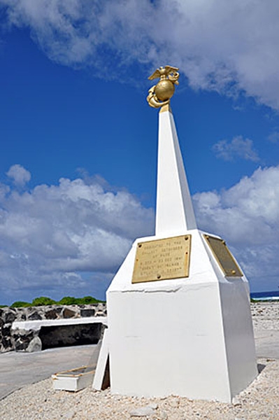 United States Marine Corps memorial to the defenders of Wake Island in December 1941. For 16 days, beginning 8 December 1941, a combined military force of Marine ground and air units, Naval aviation personnel, and an Army detachment - augmented by civilian contractors - resisted near constant attacks by Japanese forces. In the end the island defenders were overwhelmed by the Japanese forces who then occupied the atoll until the end of World War II. Photo courtesy of the US Air Force.