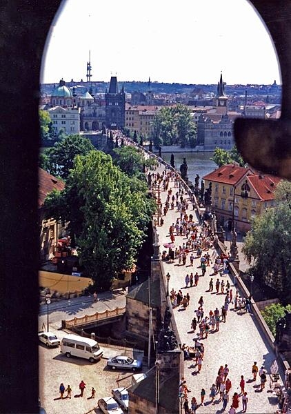 View of the Charles Bridge in Prague as seen from the Mala Strana (Lesser Quarter) Bridge Tower.