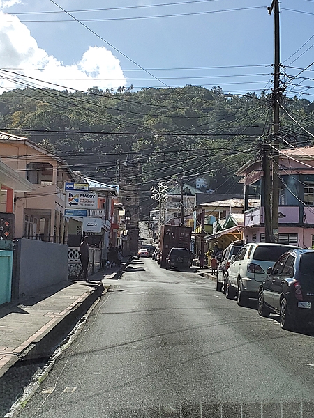 Street view of a town on the east side of Saint Lucia.