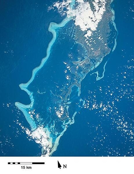Another space-based view of Palau showing the southern portion of Babeldaob Island (top) and various islands to its south ending in Peleliu (bottom), the site of a fierce World War II battle. (Image courtesy of NASA.)