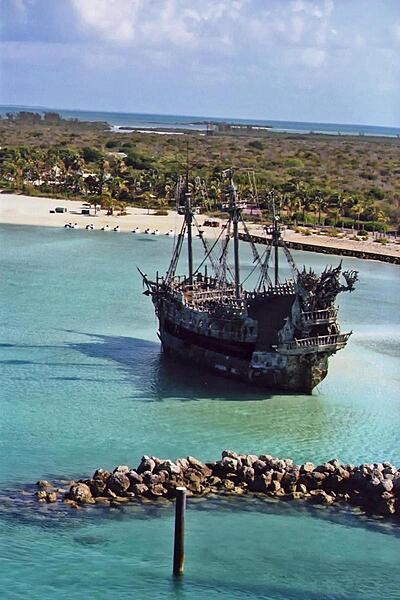 The &quot;wreck&quot; of the Flying Dutchman, &quot;marooned&quot; at the resort island of Castaway Cay. According to folklore, the Flying Dutchman is a ghost ship doomed to sail the oceans forever.