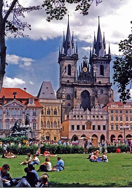 The Church of Our Lady before Tyn (also known as the Tyn Cathedral) overlooks Old Town Square in Prague.