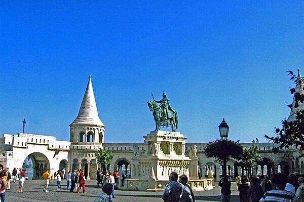 The statue of Stephen I, saint and king, in the Fisherman&apos;s Bastion terrace on the Buda side of Budapest.