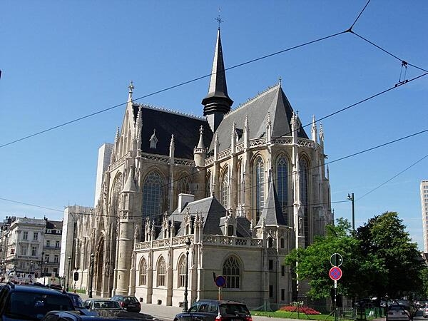 Our Lady of the Sablon Church in Brussels, Belgium, was built in the 15th century in a late Gothic style known as Brabantine. It is renowned for its brightly colored stained-glass windows.
