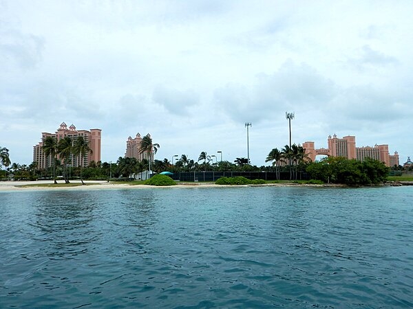An sea view of the sprawling Atlantis Resort on Paradise Island.