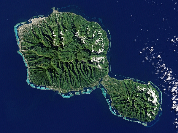 The island of Tahiti, the largest in French Polynesia, is part of a volcanic chain formed by the northwestward movement of the Pacific Plate over a fixed hotspot. Tahiti consists of two old volcanoes - the larger Tahiti-Nui in the northwest and Tahiti-Iti in the southeast - linked by an isthmus. Image courtesy of NASA.