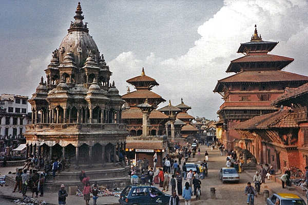 A view of temples in the area of Durbar Square in the historic center of Kathmandu, the capital of Nepal. This photograph was taken before the devastating earthquake of 2015, when many of these buildings were severely damaged or destroyed.