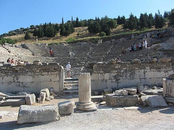 Ruins of the Roman Senate (Odeon, or small theater) in Ephesus. The city, on the west coast of Asia Minor, was originally Greek, but later became part of the Roman Empire. In Roman times it had a population estimated between 250 and 500 thousand, making it one of the largest cities in the Mediterranean world. Ephesus was partially destroyed by an earthquake in A.D. 614. The city&apos;s harbor thereafter slowly silted up causing its commercial importance to decline.