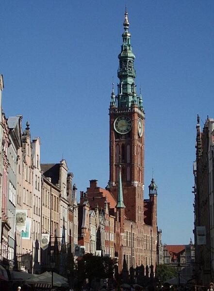 The Town Hall in Gdansk, Poland, was first constructed in the 14th century, but the current structure dates to the late 16th century.