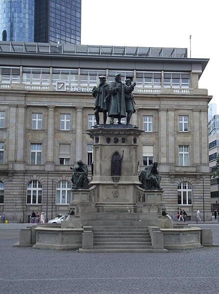 Monument honoring Johannes Gutenberg, the inventor of mechanical movable type, in the Rossmarkt (old Horse Market) of Frankfurt. His invention in the mid-15th century launched the printing revolution and is regarded as one of the key developments of modern history.