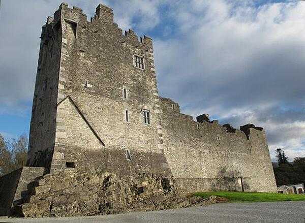 Ross Castle, near Killarney, County Kerry, Ireland, is a fully restored 14th-century stronghold.