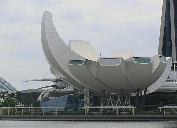 The ArtScience Museum on Marina Bay in Singapore resembles a lotus flower. The museum is part of the Marina Bay Sands hotel and casino.