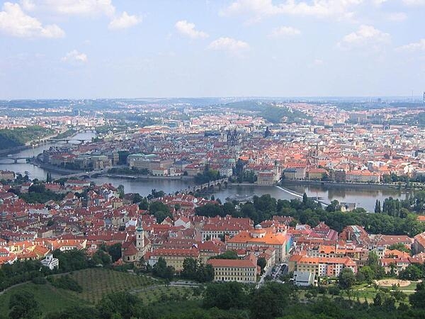 A view of Prague as seen from Castle Hill. The famous Charles Bridge over the Vltava (Moldau) River may be seen in the center of the image.