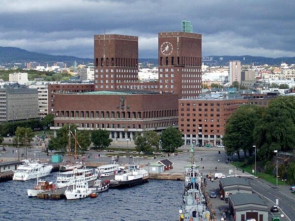 The City Hall (Radhus) in Oslo.  Although construction began in 1931, completion was delayed because of World War II. The building was finally inaugurated in 1950. The Nobel Peace Prize ceremony formerly took place at the City Hall annually between 1990 and 2019.