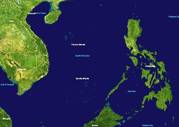 Satellite view of the western Pacific Ocean and the South China Sea shows the location of the Spratly Islands between Vietnam and the Philippines. Image courtesy of NASA.