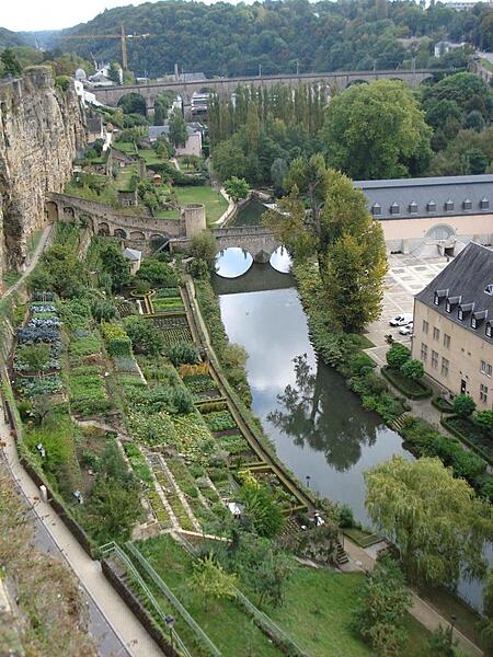 Vegetable gardens on the banks of the Alzette River in the Grund District, Luxembourg City.