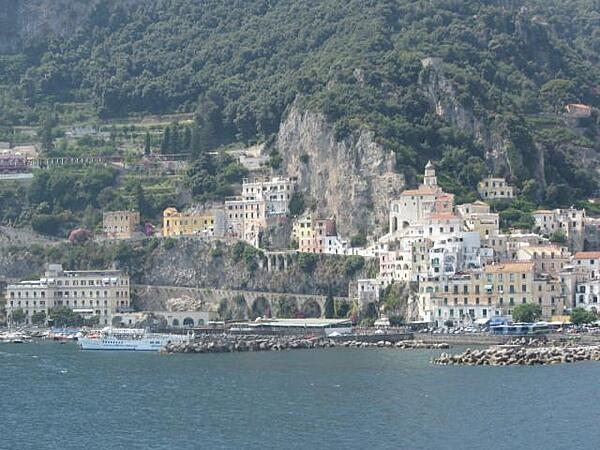 View of homes and hotels on the rugged western coast of Italy in the city of Amalfi.
