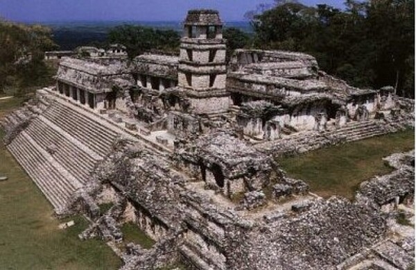A view of the Palace of Palenque, in Mexico's Chiapas State. Palenque is one of the most archaeologically important lowland Maya sites; it reached its peak between A.D. 600-700. The Palace Complex is built atop an immense low platform, and was expanded and remodeled over the centuries.