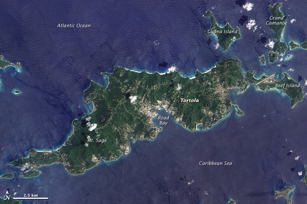Satellite image showing many of the main islands that make up the British Virgin Islands. The capital of Road Town is clearly visible as the built up area surrounding Road Bay on the island of Tortola. Photo courtesy of NASA.