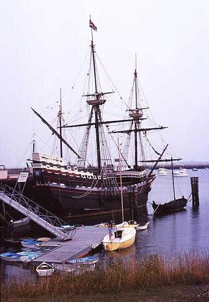 The Mayflower II at State Pier in Plymouth, Massachusetts. The ship is a replica of the 17th-century Mayflower that transported the Pilgrims to the New World.