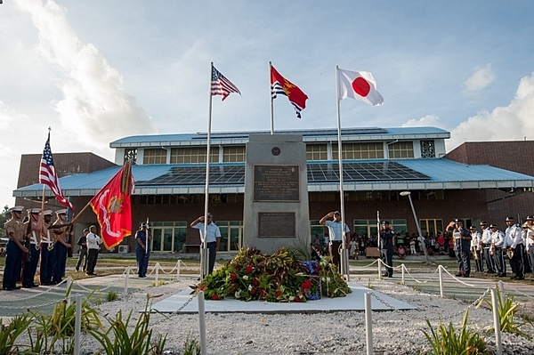 Wreaths enfold the base of the Battle of Tarawa Memorial on Betio Island in the Republic of Kiribati. A ceremony held on 20 November 2018 marked the 75th anniversary of the battle. Photo courtesy of the US Marine Corps/ Sgt. Jacqueline A. Clifford.