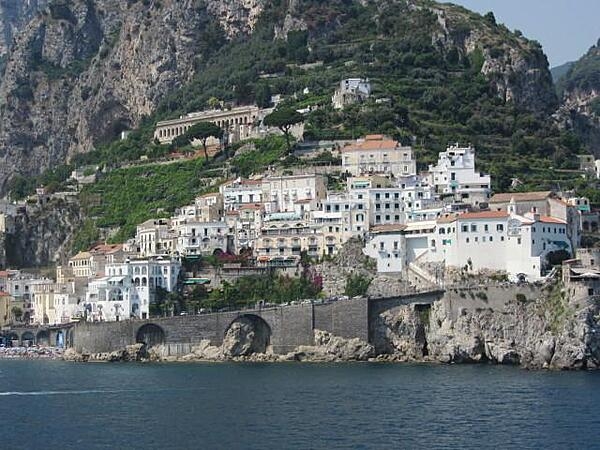 View of homes on the rugged western coast of Italy in the city of Amalfi.
