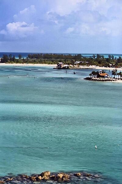 View over a lagoon on the resort island of Castaway Cay.