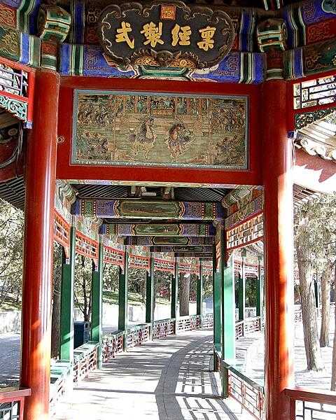 Section of the Long Corridor, a covered walkway at the Summer Palace in Beijing, China. The 18th-century corridor is famous for its great length (728 m), which is used to display over 14,000 paintings.