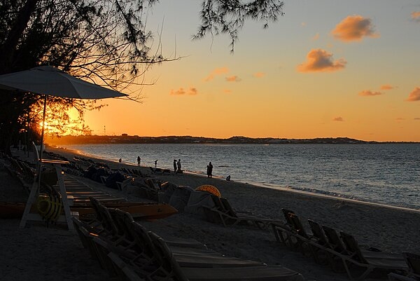 Golden sunset on a beach on Providenciales Island in the Turks and Caicos.