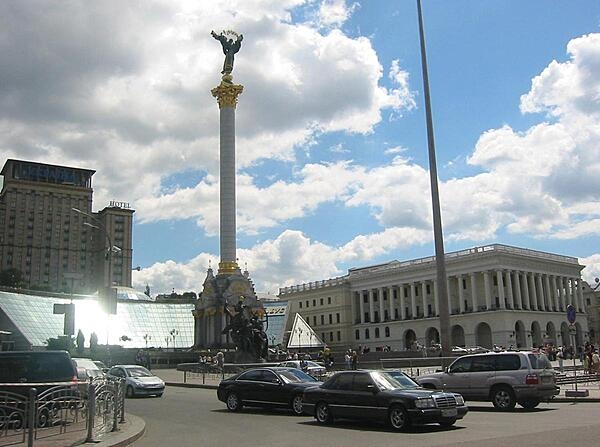 A view of Maidan Nezalezhnosty (Independence Square) in the center of Kyiv. The huge plaza has been the site of many political protests, the most famous being the Orange Revolution of 2004. During holidays the square is the scene of parades and open air concerts.