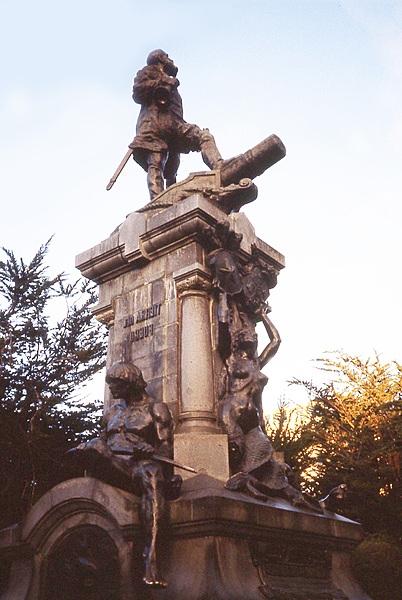 Another view of the monument in Punta Arenas to Ferdinand Magellan, the Portuguese explorer who organized the Spanish expedition to the East Indies from 1519 to 1522, and that resulted in the first circumnavigation of the Earth. Overcoming storms and mutinies, the expedition managed to pass the Strait of Magellan (named after the navigator) to become the first explorers to cross from the Atlantic to the Pacific Ocean.