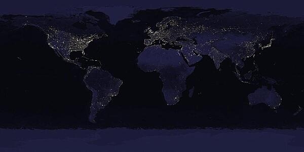 A view of the world by night. The brightest areas of the Earth are the most urbanized, but not necessarily the most populated. (Compare Western Europe with China and India.) Cities tend to grow along coastlines and transportation networks. The US interstate highway system appears as a lattice connecting the brighter dots of city centers. In Russia, the Trans-Siberian railroad is a thin line stretching eastward. The Nile River, from the Aswan Dam to the Mediterranean Sea, is another bright thread through an otherwise dark region. Image courtesy of NASA.