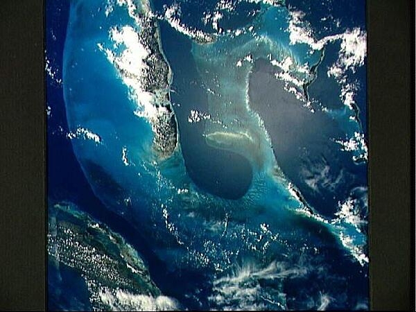 Most of the Western Bahama Banks, the Tongue of the Ocean (center), and Andros Island (left), as well as north central Cuba (lower left) with its fringing reefs, may be seen in this one view. Much of the green-turquoise water over the banks is less than 9 m (30 ft) deep but the deep blue of the Tongue is 1,200 to 1,800 m (4,000 to 6,000 ft) deep. All the sediment on the banks, including the material that forms the islands, is calcium carbonate (lime) precipitated from sea water by animals and plants. Image courtesy of NASA.