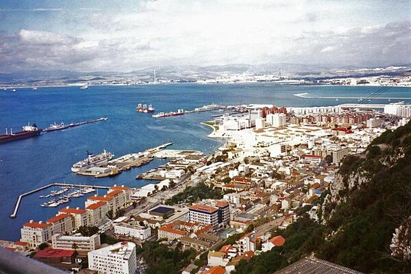 A view of Gibraltar Harbour with Algeciras, Spain in the background.