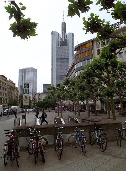 The Eurotower (on the left) and Commerzbank Tower in the bankenviertel (financial district) of Frankfurt. The skyscapers were constructed 20 years apart, 1977 and 1997, respectively.