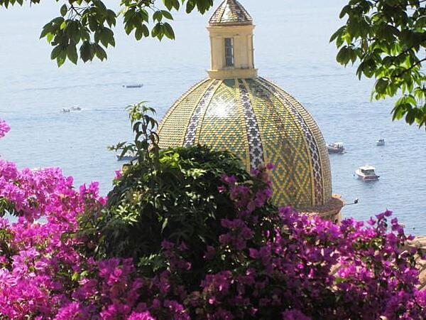 The ceramic dome of the church of Our Lady of the Assumption in Positano on the Amalfi Coast.