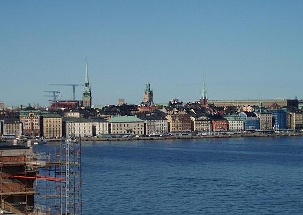 A view of the Stockholm harbor shoreline.