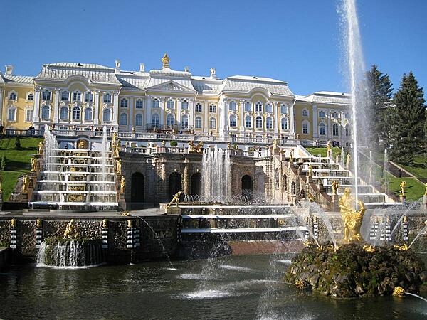 Peterhof Palace, near St. Petersburg, Russia, sits on a hill overlooking the Gulf of Finland. It was Peter I's summer palace and boasts an array of 64 decorative fountains, including a sculpture of Samson prying open the jaws of a lion.