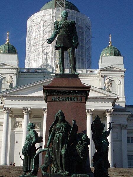 The statue of Alexander II stands in front of Helsinki Cathedral in Senate Square. The Russian czar introduced a number of reforms during the 19th century - when Finland was still a province of Russia - and is generally well regarded.