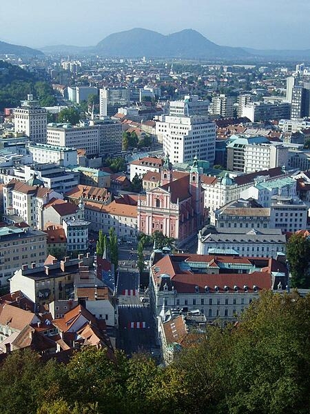 The central skyline of Ljubljana, capital of Slovenia, as seen from atop the castle tower overlooking the city.