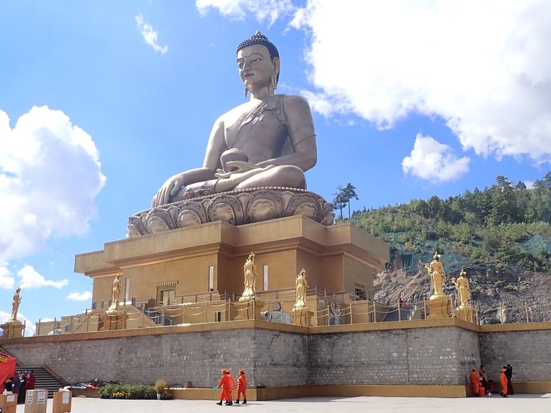 The Great Buddha Dordenma is located in Thimphu, Bhutan's capital and largest city.  The statue celebrates the 60th birthday of Bhutan's fourth king, Jigme Singye Wangchuck.  Construction on the 52 m (170 ft) tall steel statue began in 2006 and it was completed in 2015. The Buddha Dordenma is one of the largest Buddha statues in the world.