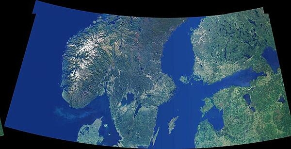 A cloud-free natural-color mosaic of Scandinavia and the Baltic region. Image courtesy of NASA.