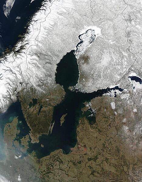 Red dots mark the locations of fires burning in countries south and east of the Baltic Sea in this early April image. The scattered fires were probably set to clear land for agricultural purposes. The Scandinavian countries, Norway and Sweden, and Finland to the north of the Sea, are still blanketed in snow. From the left, the countries lining the Baltic on the south are Denmark, Germany, Poland, Russia (Kaliningrad), Lithuania, Latvia, Estonia, and Russia. Belarus forms the lower right corner of the image. Photo courtesy of NASA.