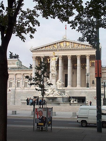 The neo-classical Parliament Building in Vienna took 10 years to complete (1884). The fountain fronting the structure is of Pallas Athena, the goddess of wisdom.