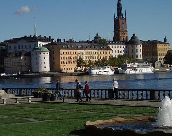 The Wrangel and Stenbock Palaces and the Riddarholmen Church in central Stockholm. The church serves as the burial place for Swedish monarchs and is one of the oldest buildings in Stockholm, with sections dating to the late 13th century.